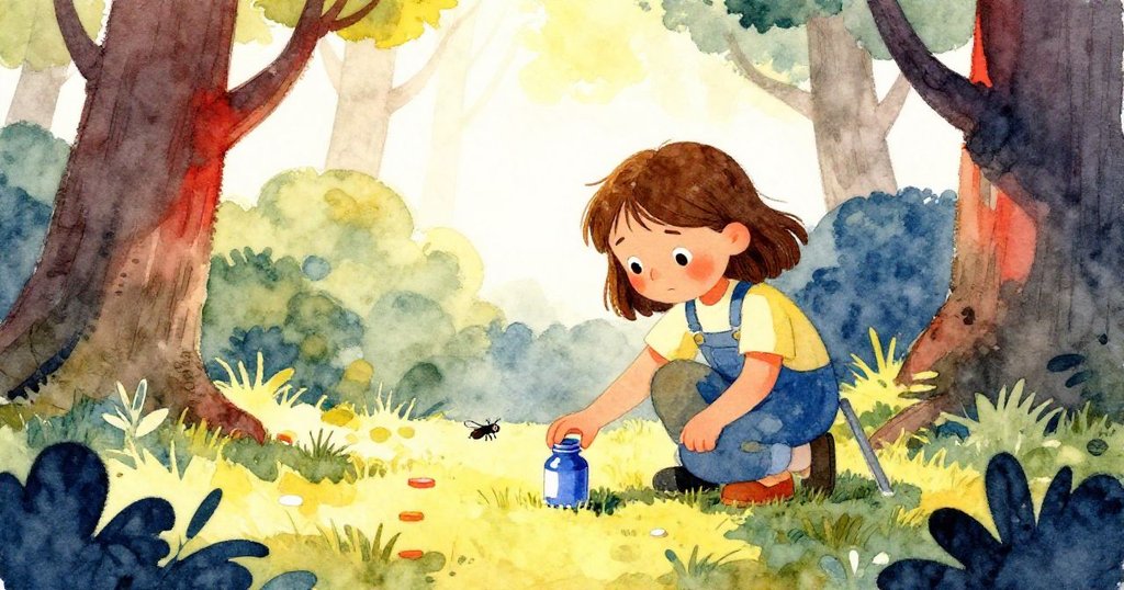 蒂絲蹲在三腳架下,拿著懸掛的油漆瓶,周圍飛舞著小蚊子,陽光灑落在濃郁森林中。