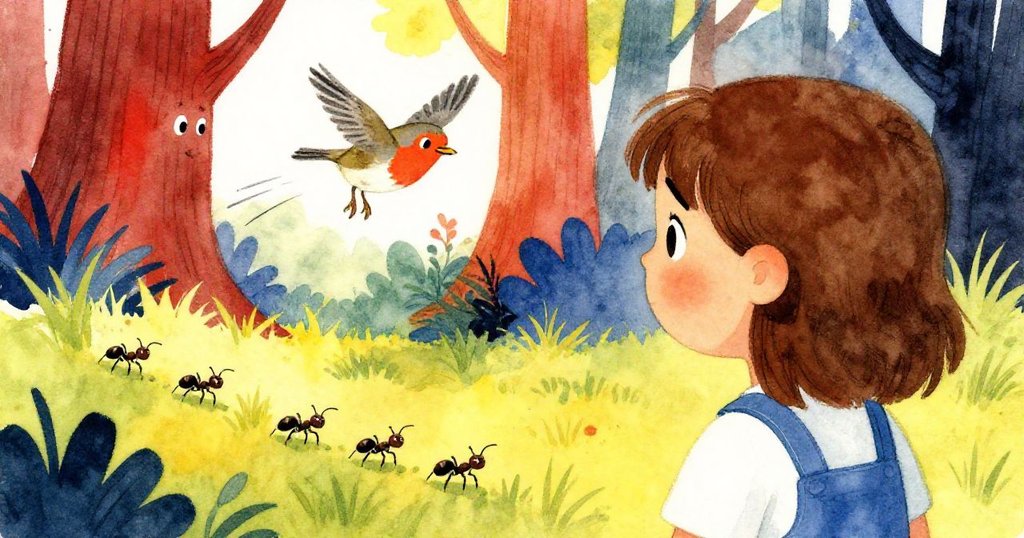 從蒂絲背後看見她催動油漆過程,螞蟻湧上草坪,知心的知更鳥掠過樹梢,場景生動。