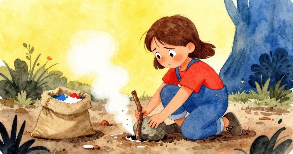 蒂絲跪於濕潤泥土間,用平石固定搖搖欲墜的木棒,顯示內心掙扎與決心。