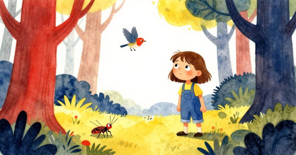 廣角展示完成畫作,蒂絲靜立欣賞,森林、野鳥與昆蟲共築溫暖自然畫卷,畫面生動。