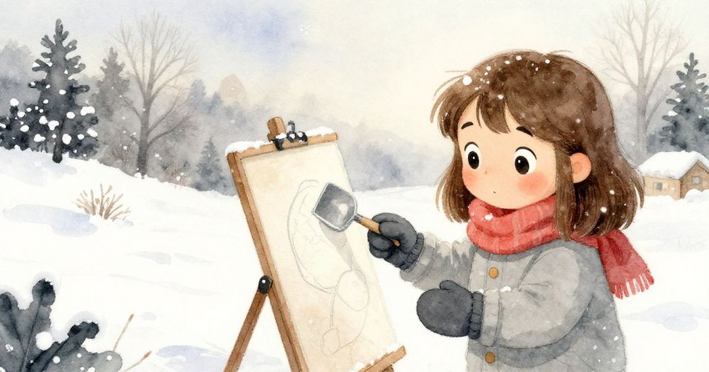 Lyra 在雪地工作區清晨起步，她好奇地發現工作板上空缺的工具，天空泛著柔和光芒，充滿期待與驚奇情緒