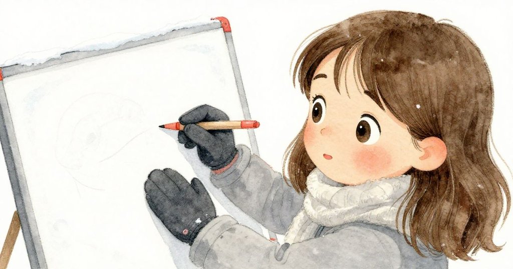 Lyra 靠近工作板仔細傾聽，手持手套觸摸雪面，她神情專注且略帶疑惑，背景呈現細膩雪紋