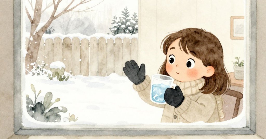 Lyra 從覆滿霜花的窗戶中望向雪花紛飛的花園，她滿懷期待地取用冰水，室內外光影形成溫柔對比