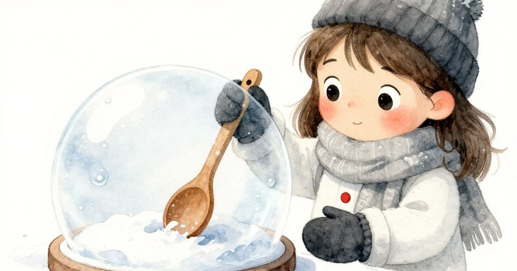 Lyra 小心翼翼用木匙挖取雪層，冰水滴下瞬間凝固形成玻璃光澤，畫面細緻展現工藝與期待情緒