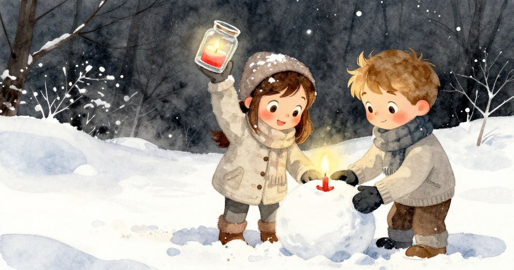 Boris 與 Lyra 在雪地前台步上互動，Boris 輕拿蠟燭罐，Lyra 雕刻滑稽雪球，臉上洋溢著溫暖合作的笑容