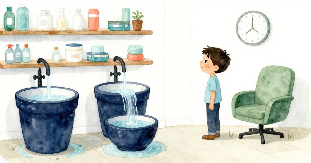 男孩Miles在明亮房間中注視牆上時鐘，水流入陶瓷盆，場景充滿忙碌與溫馨。