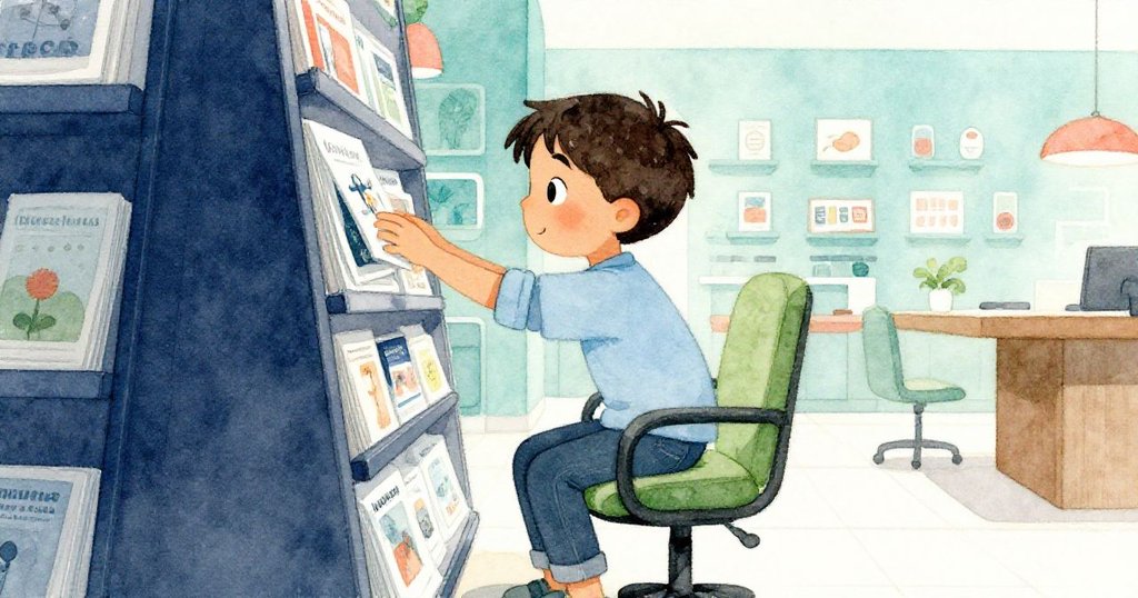 男孩Miles坐在柔軟的旋轉椅上移動時推動雜誌架，意外讓一本雜誌滑落，神情略顯焦慮。