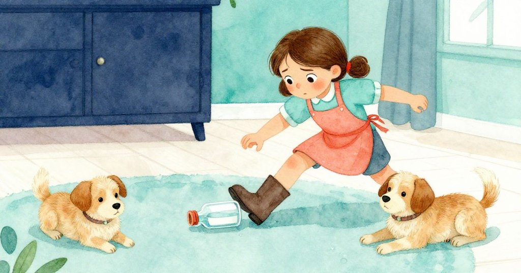 從高處俯視，女孩Gemma急步用靴子止住滾動瓶子，小狗Basil悠然躺著，室內光影溫暖。