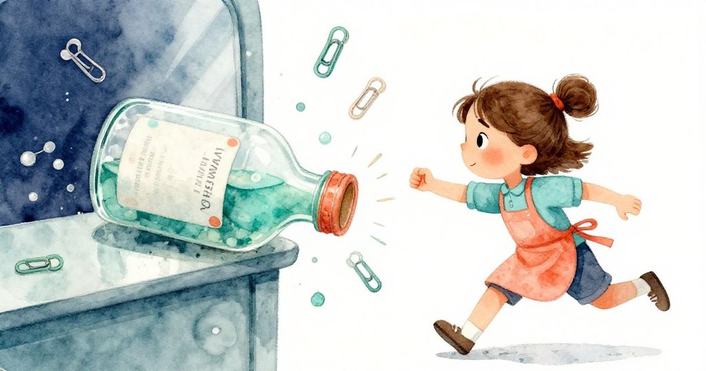 女孩Gemma急奔攔截滾動瓶子，鏡面櫃上散落剪片，動感十足、充滿緊張氛圍。