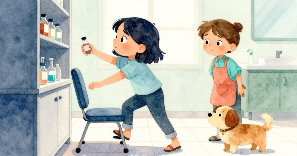 女孩Gemma平靜放回瓶子並啟動踏板，男孩Miles舒展一口氣，小狗Basil安靜陪伴，結局溫馨延續故事。