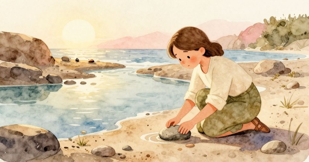 Paloma在夕陽映照的潮池邊跪地檢視濕潤石頭，沙灘與波光交錯，流露出專注與期待的神情。
