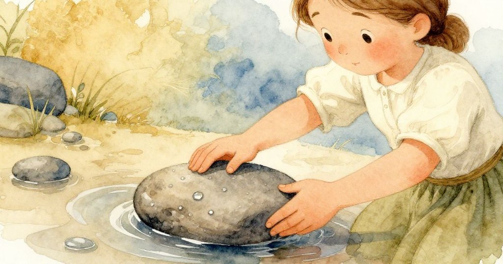 Paloma的手專注地翻轉著沾濕的石頭，水滴閃爍著光芒，展現細膩觸感與動作瞬間。