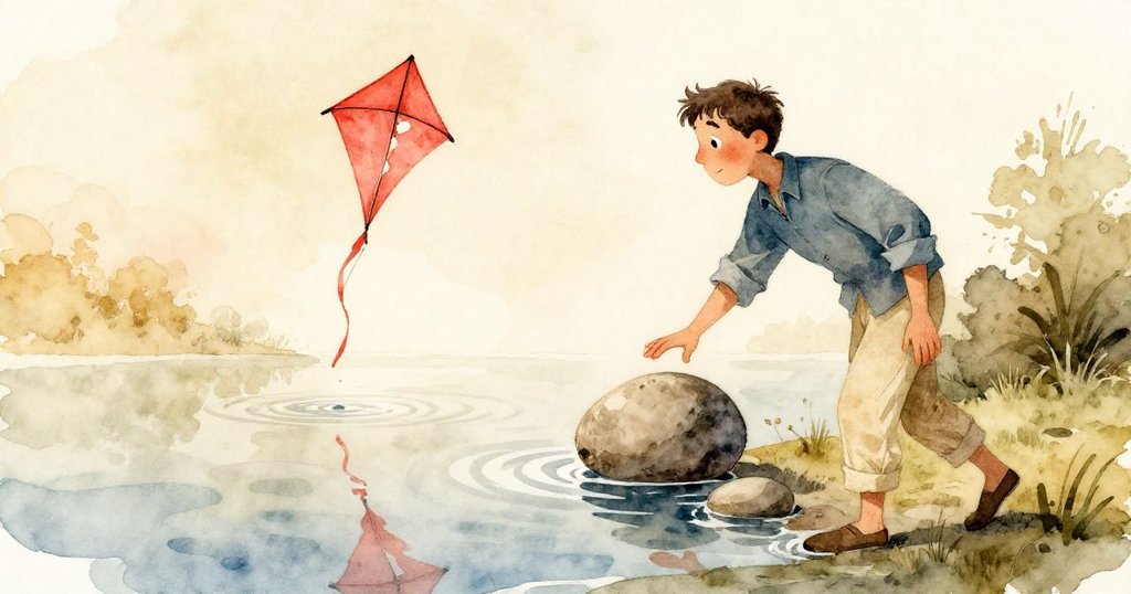 Jude在水面如鏡的反射中，用手掌穩穩托起光滑石塊，紅色破風箏倒影輕舞，神情專注細膩。