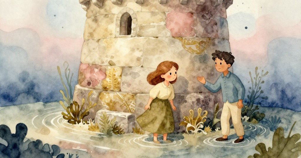 水下視角展示石塔基座，石面覆有綠藻與微波紋理，傳遞著穩固堆疊與自然互動的故事。