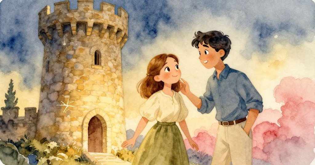 Paloma與Jude在夕光中滿懷喜悅地相對微笑，身旁完美石塔見證著他們努力與成功的溫馨時刻。