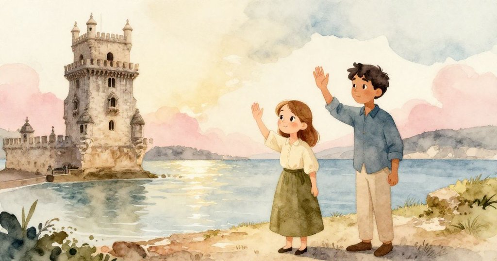 Paloma與Jude在平靜海邊揮手告別已完成的石塔，夕陽餘暉中流露出滿足與溫馨的情感，場景寧靜美好。