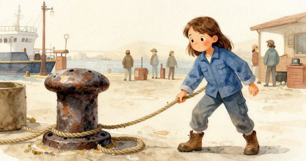 Gwen小心解開粗糙繩結,手部細節清晰,老舊鐵製柱子及港口秤站隱約呈現,展現探索開端與專注神情