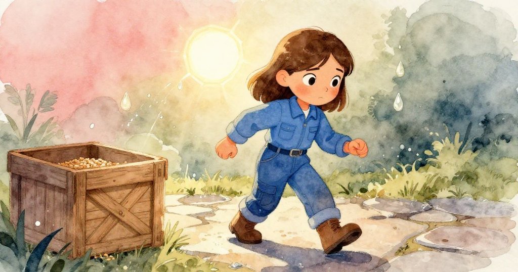 Gwen穿著穩固工作靴,在潮濕石板路上堅定前行,木箱邊水珠形成光芒八角形,展現決心與環境互動