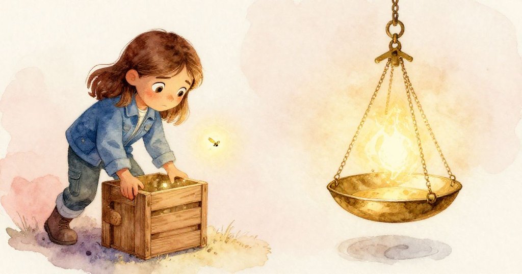 Gwen輕推木箱釋放微光螢火蟲,另一邊懸秤盤隨風搖晃,雙畫面展現細膩互動與溫暖光影