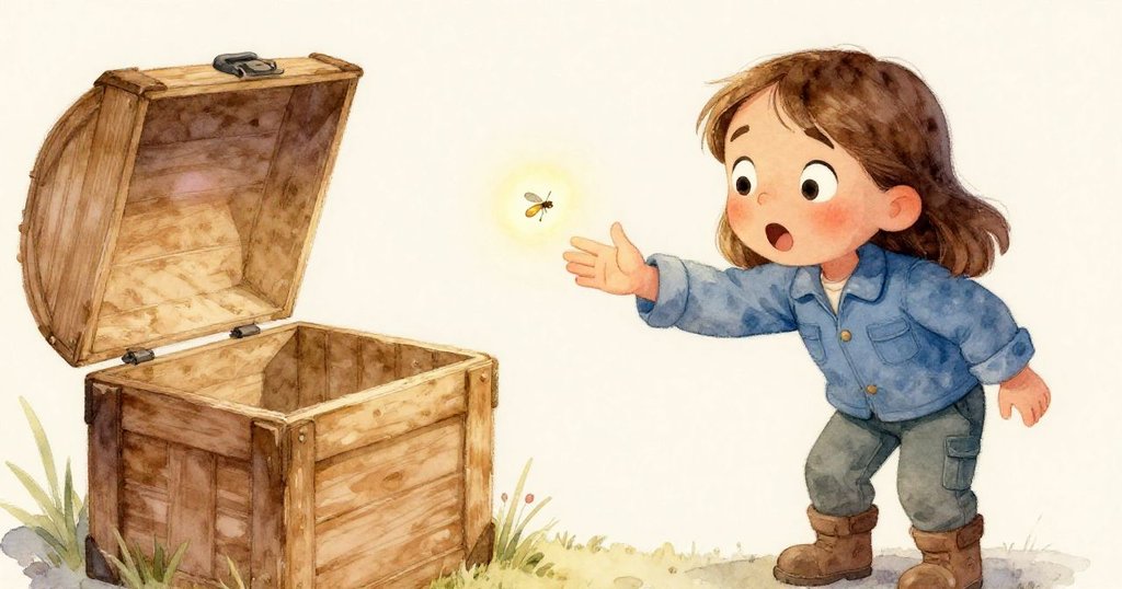 Gwen驚喜凝視微光螢火蟲,近照捕捉探索情感,伸手觸碰木箱邊發光的小生物,畫面散發出溫暖神奇之感