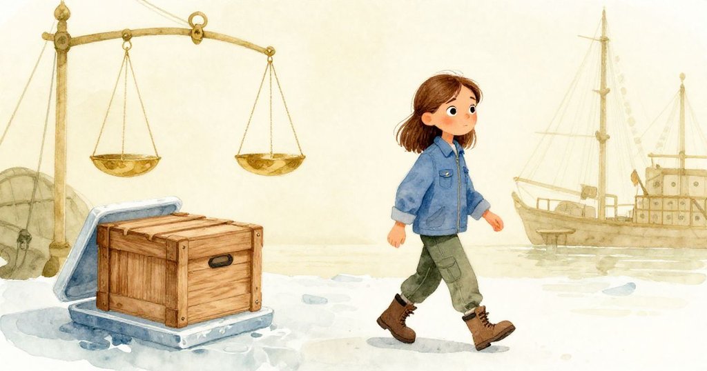 Gwen步出港口,穩健離去,木箱與懸秤留於背景,暖橄欖與奶油色調營造告別氛圍,傳達故事結局