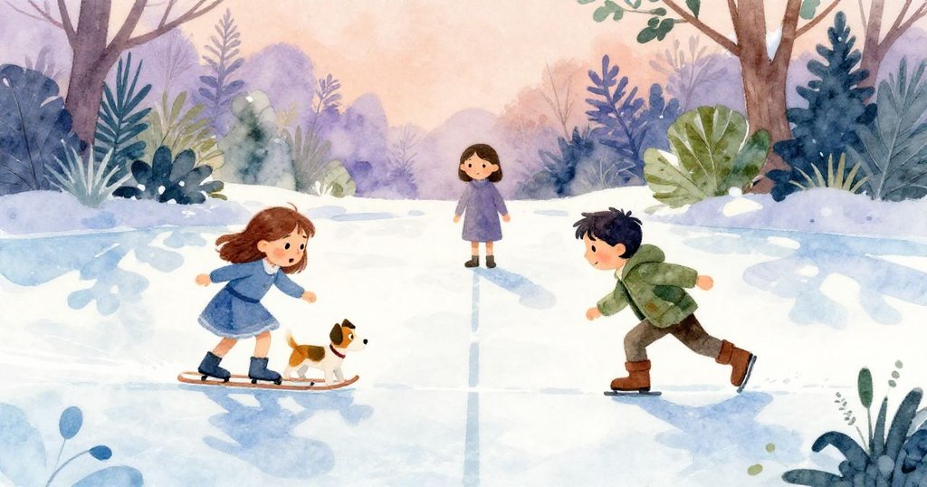 Heath 在冰面上滑行,Terrier 在旁奔跑,Rosa 在中心線呼喚,冰面反射著朦朧暖光,環境寬闊且充滿冬日氣息。