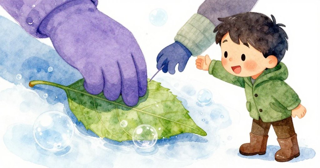 Heath 用手指輕觸冰面上凍住的葉子,葉面閃爍著微小氣泡,專注查探冰面細節,畫面充滿神秘與精緻感。