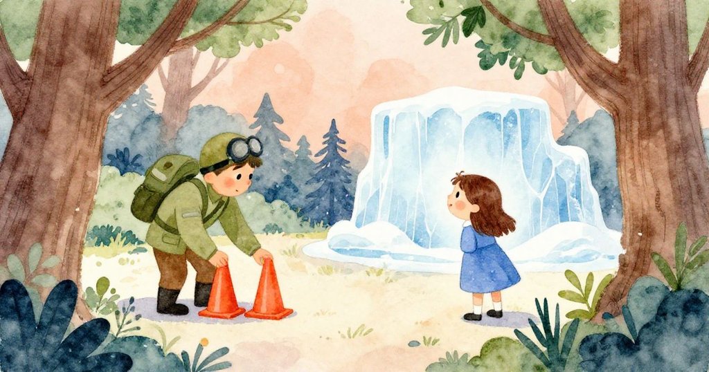 Ranger 從樹隙中注視冰面活動,Rosa 好奇旁觀,背景有橙色路標與冰面細節,整體畫面散發溫暖神秘。