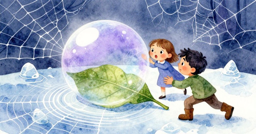 Heath 和 Rosa 分別在冰面上引導凍葉,周圍錯綜冰裂與圓形圖案圍繞中心氣泡,畫面充滿魔幻幾何之美。