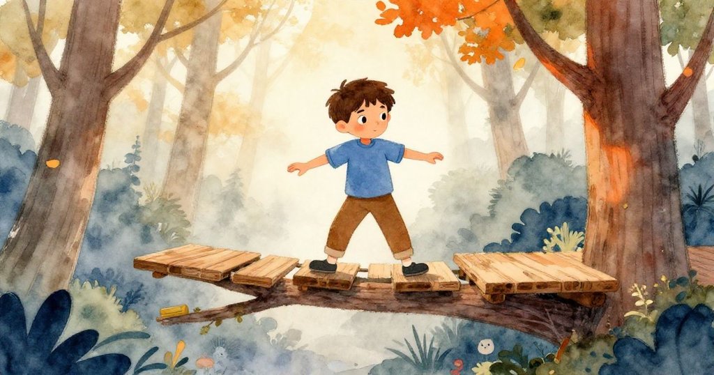 雷法爾在樹枝上建立平台，晨霧環繞，專注工作，背景森林初醒，呈現溫暖與涼爽交織的早晨景色。