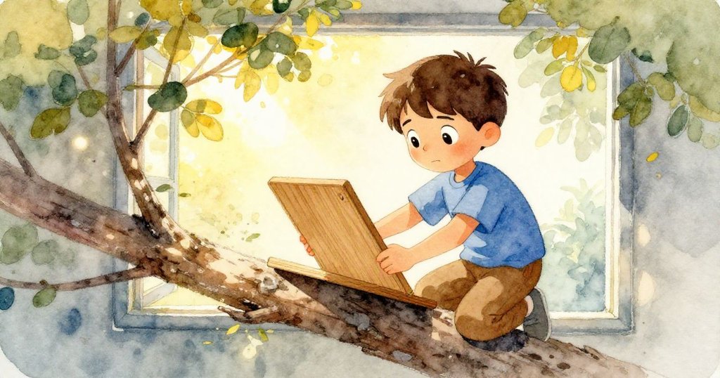 雷法爾透過樹葉形成的天然窗框，調整光滑邊緣的木板與粗糙樹枝，陽光斑駁映照出自然景致與細膩光影。