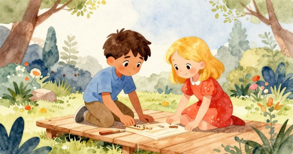 雷法爾在高處將釘子傳給諾拉，平台穩固連接庭院花園，兩人攜手完成創作，展現出持續合作的動人情景。