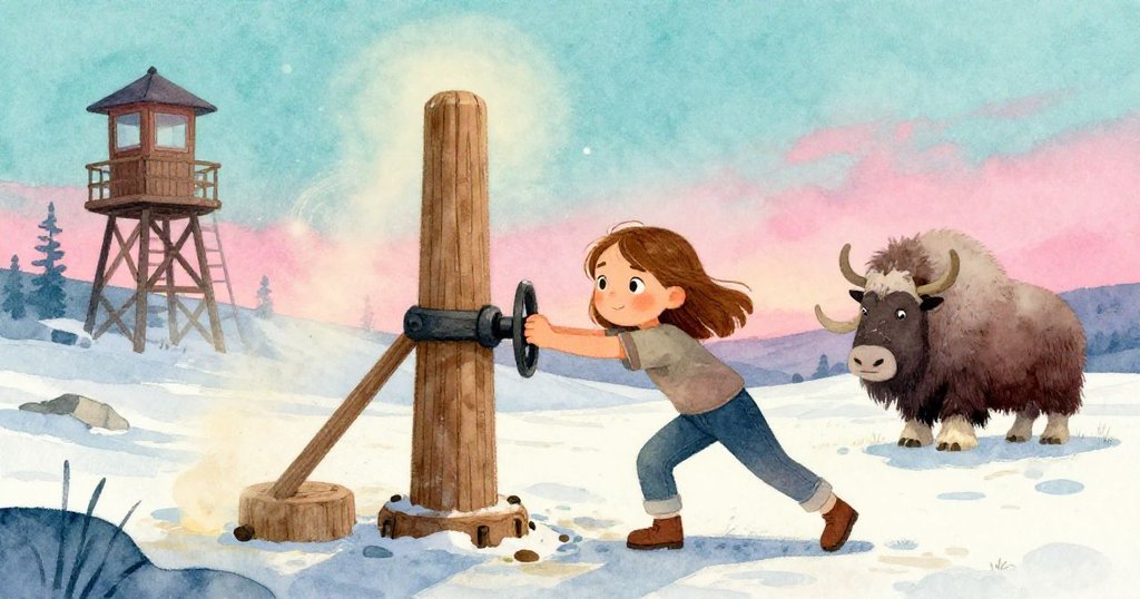 Thea在寒冷苔原上推動木製泵柄，麝牛在旁守望，光影交錯，臉上流露堅定興奮。