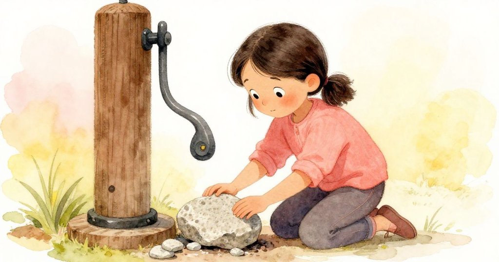 Gemma在戶外跪下，小心舉起帶苔蘚味的花崗岩片，專注調整木製機械，背景溫和自然。