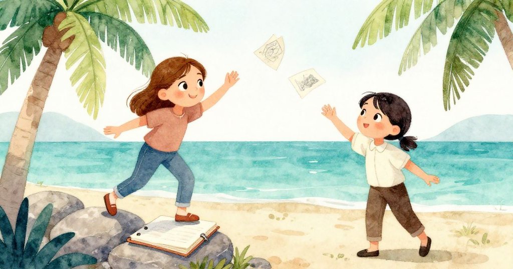 Thea穩定重物，Gemma迅速伸手接落筆記本，兩人互動協調，展示緊張興奮場景，戶外自然光映照。