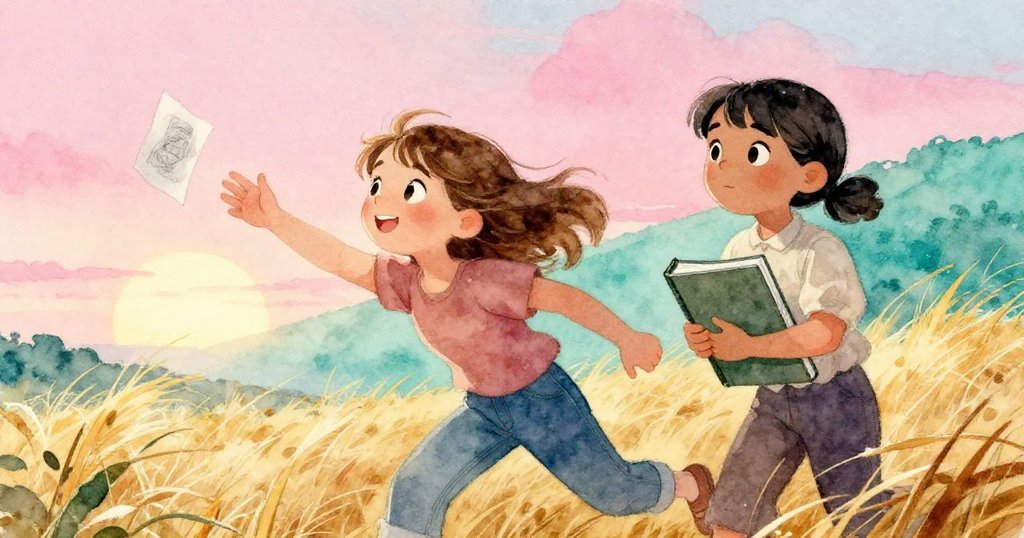 Gemma急速伸手接住下墜筆記本，Thea穩抱活頁夾，動感瞬間充滿夕陽粉與藍綠光影。