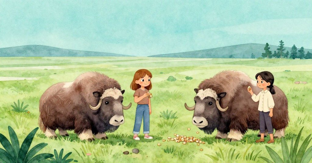 在廣闊苔原上，Thea與Gemma分配小方塊，麝牛慢步靠近，整體氛圍寧靜，展現故事結局。