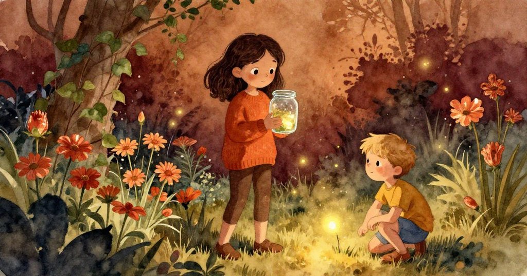 Ivy 與 Silas在黃昏花園中捕捉螢火蟲，玻璃罐映出柔和光芒，傾斜視角增添神秘氣氛。