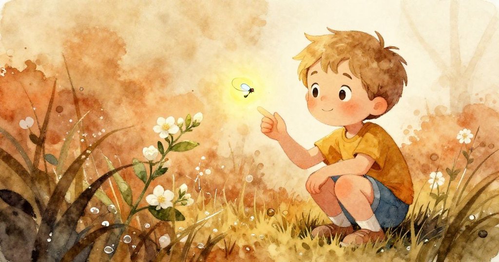 Silas 躡手躡腳蹲在濕潤草地上，赤腳感受露水，凝神追蹤高大茉莉旁微光閃爍的小螢火蟲。