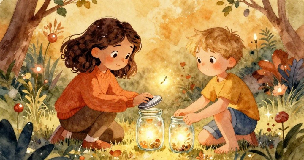 Ivy 與 Silas 同心協力捕捉螢火蟲，專注操作玻璃罐與銀蓋，彼此眼神中流露出溫暖堅定的默契。