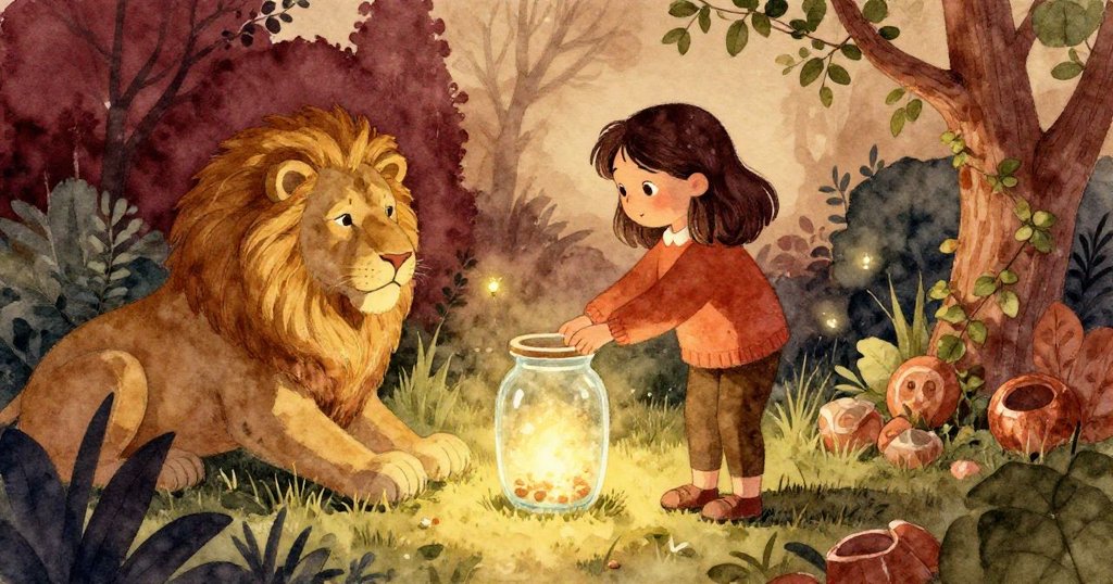 Ivy 輕放玻璃罐於石獅旁，螢火蟲在罐口上翩然飛舞，藍色朦朧夜幕中展現出故事溫馨圓滿的結局。