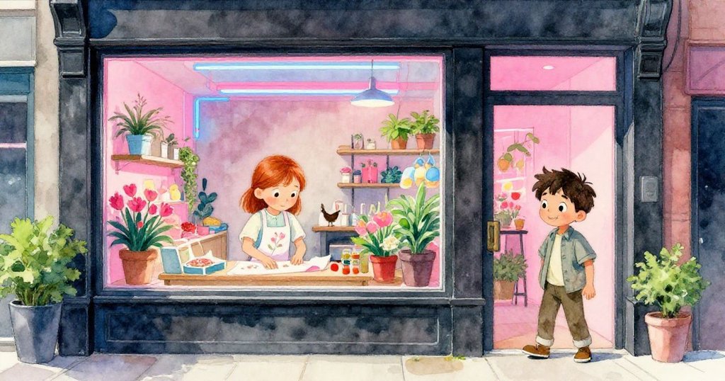 溫暖都市黃昏中，Wren在窗內忙著包裝花束，Vernon站在門前招呼，店面外霓虹燈閃耀，充滿活力。