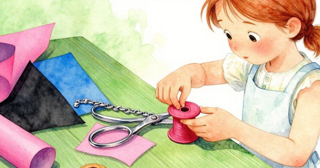 Wren專注調整紅絲帶卷和金屬剪刀鏈，手部細節豐富，工作台上紙層交錯，充滿溫暖創意。