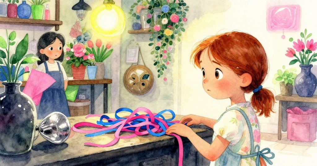 從Wren肩後角度看去，她望著糾結的絲帶，桌上工具零散，神情專注，展現出店內忙碌氛圍。