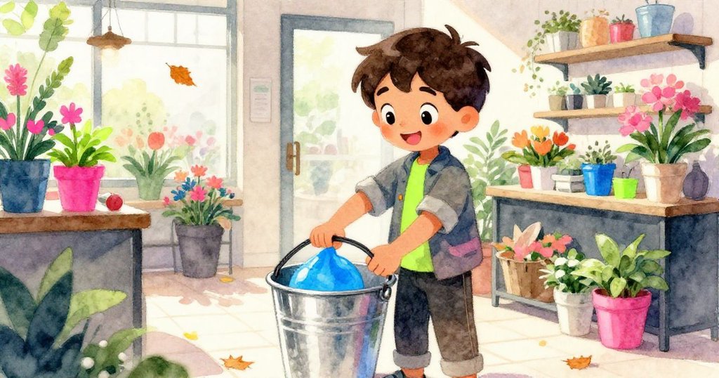 Vernon調整溢水水桶，水滴敲擊磁磚發出柔和聲響，窗外秋葉飄零，光影交錯，融合現代與季節感。