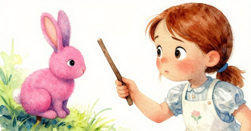 Wren面帶專注神情，一手持木棍，目光望向毛絨兔，桌面物品細節豐富，展現抉擇瞬間。