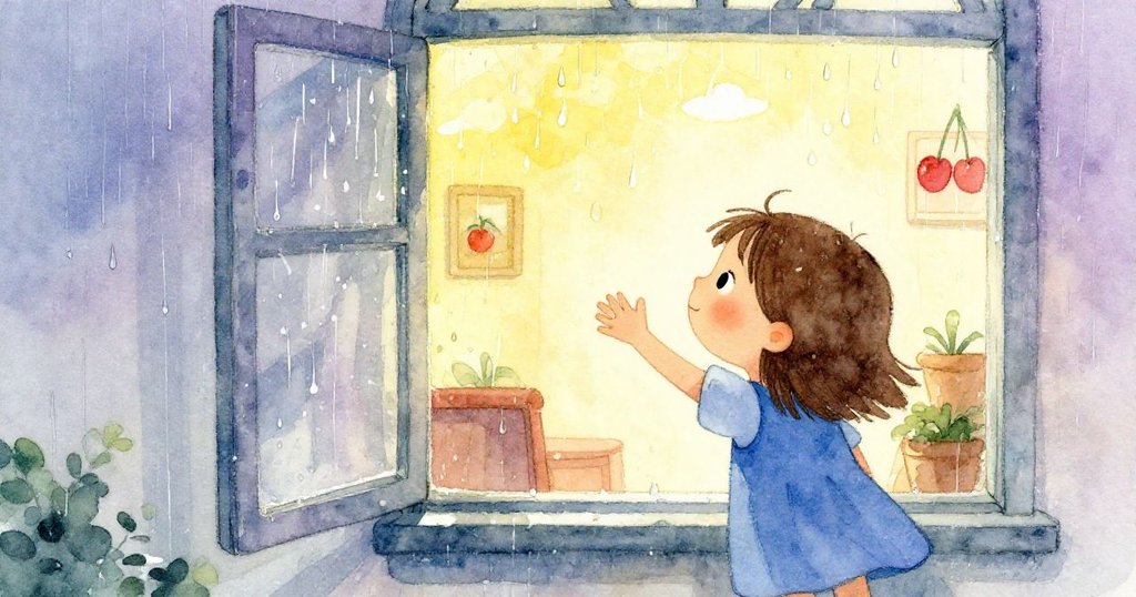 克麗在溫暖房間中靠近窗戶,用指尖觸碰滿是雨點的玻璃,臉上流露出好奇與欣喜,外面陰雨綿綿。