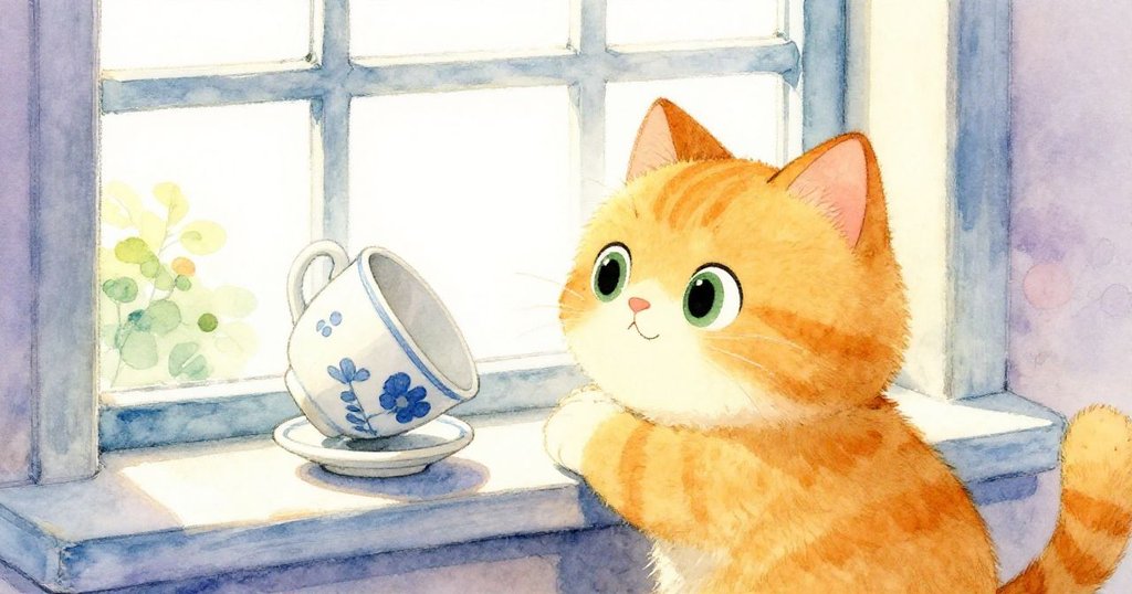 羅南從低視角觀察茶杯輕搖,窗邊溫暖光線映照出他的好奇神情,彷彿看見秘密光影舞動。