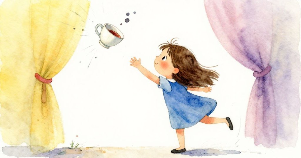 克麗迅速奔向搖晃的茶杯,她的動作留下窗簾濕痕,整個場景充滿急切與決心,充滿生動活力。