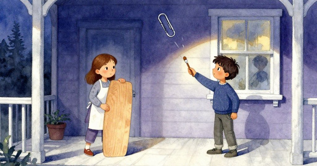 Tamsin 正在傾斜木板發出金屬聲，與 Cole 在溫馨門廊中忙著繪畫，兩人動作充滿專注與期待。